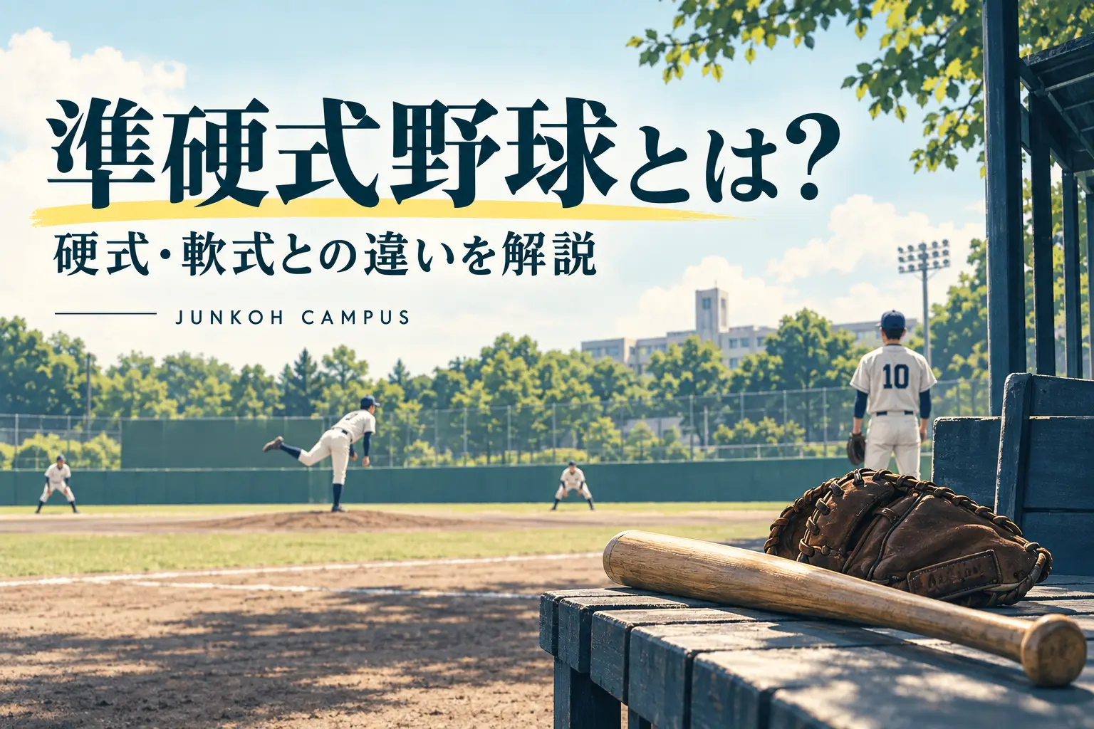 準硬式野球とは？硬式・軟式との違いを解説。大学の野球場とバット・グローブを描いたイメージ。