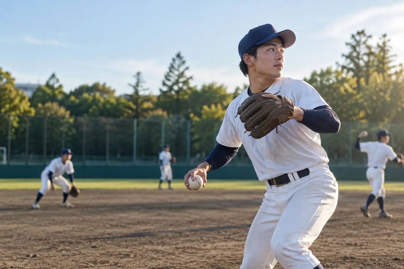 グラウンドで野球を続ける大学生のイメージ