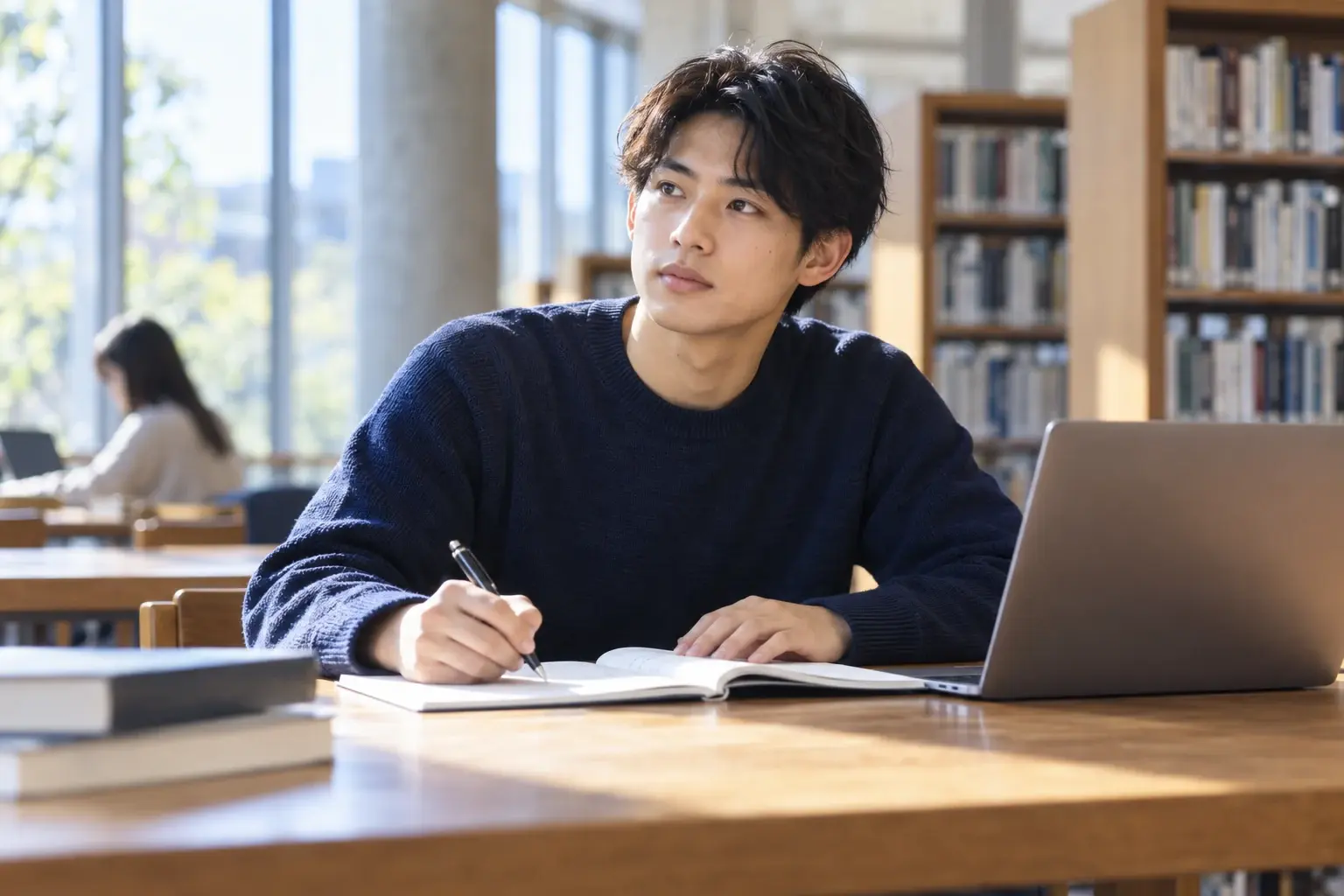 ノートに考えを整理する大学生のイメージ